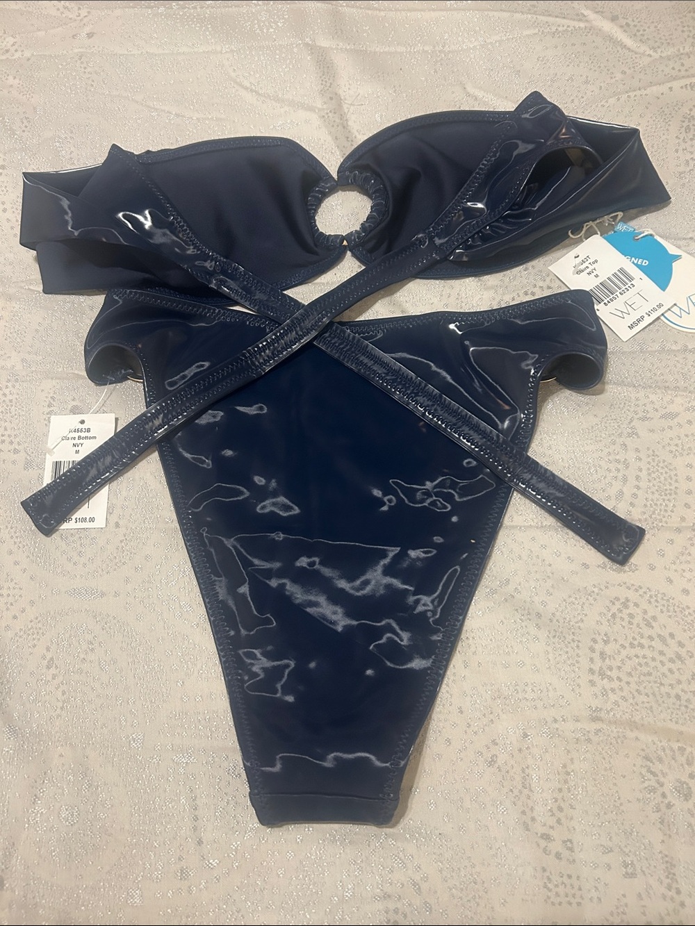 WET SWIMWEAR Off-Shoulder Ring Detail Latex Bikini in Navy Blue - Picture 9 of 9